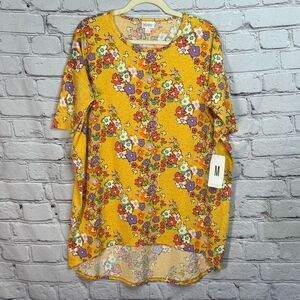 LuLaRoe Irma Tunic Yellow Floral Pattern Hidden Mickey Mouse Heads Medium